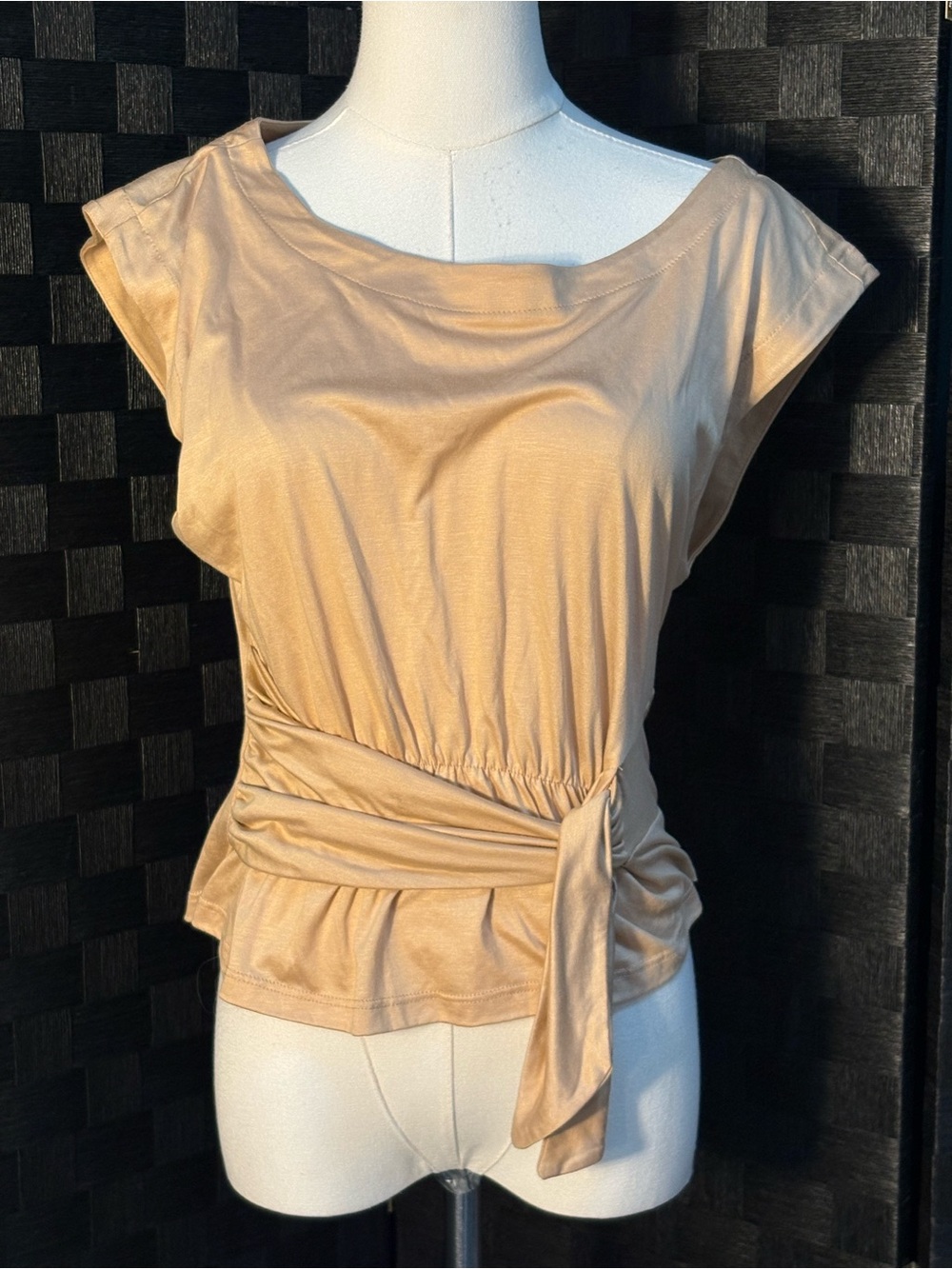 Anthropologie Akemi Kin Draped Faux Wrap Tie Waist Blouse Tan Camel S